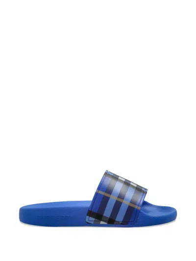 Burberry Checked-pattern Slides In Blue