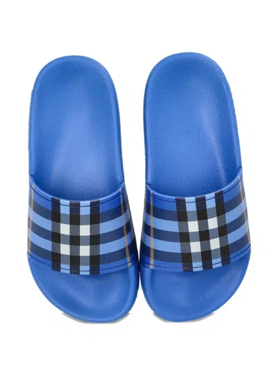 Burberry Checked-pattern Slides In Blue
