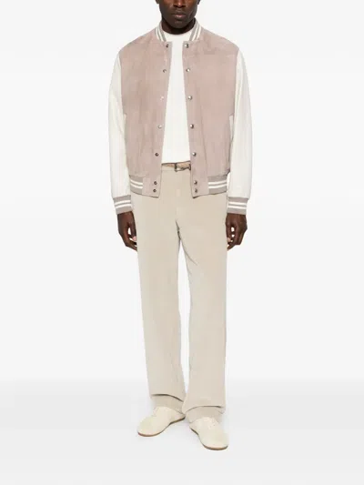 Eleventy Mens Dust Pink And Ivory Contrast-sleeve Suede Varsity Jacket In Neutral