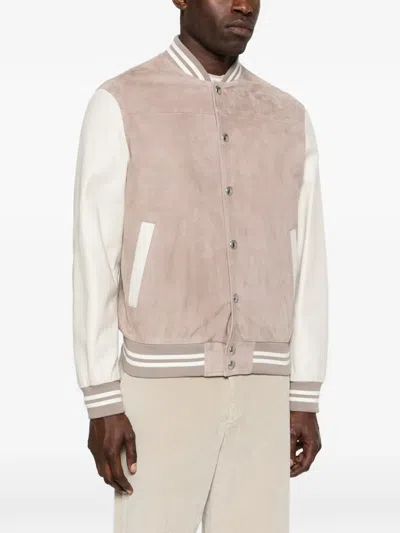 Eleventy Mens Dust Pink And Ivory Contrast-sleeve Suede Varsity Jacket In Neutral