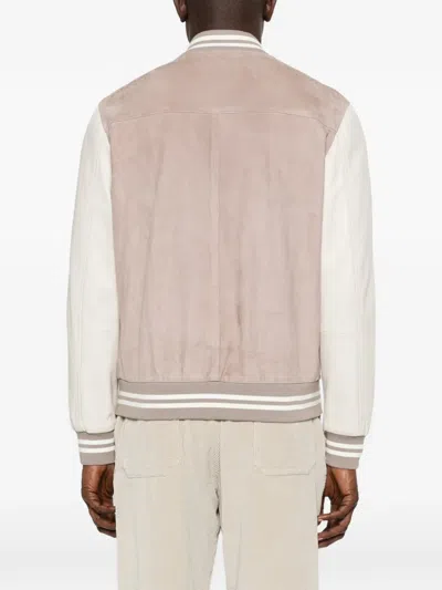Eleventy Mens Dust Pink And Ivory Contrast-sleeve Suede Varsity Jacket In Neutral