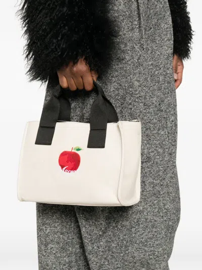 Msgm Small Apple Embroidered Tote Bag In White