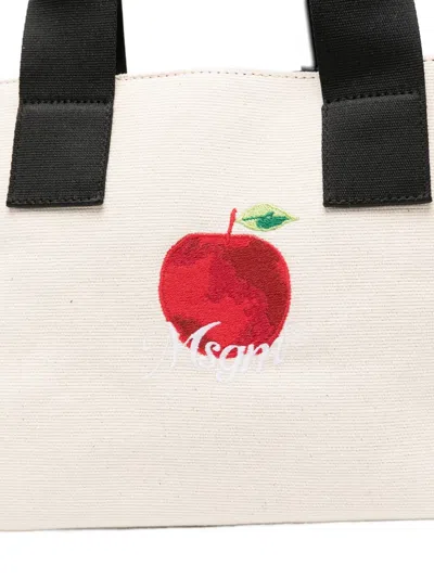 Msgm Small Apple Embroidered Tote Bag In White
