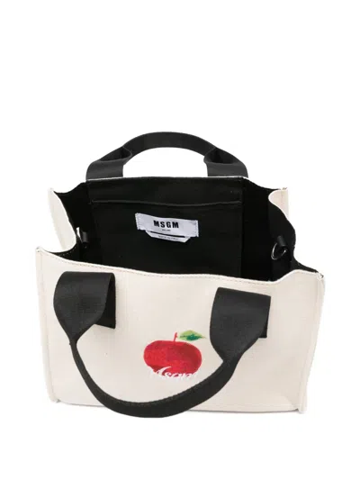 Msgm Small Apple Embroidered Tote Bag In White