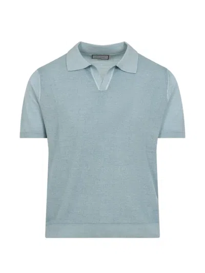 Canali Nuvola Brianza Green Garment-dyed Wool And Silk Polo Shirt In Blue