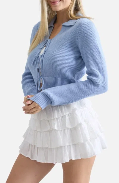 Blu Pepper Collared Tie Front Cardigan In Blue