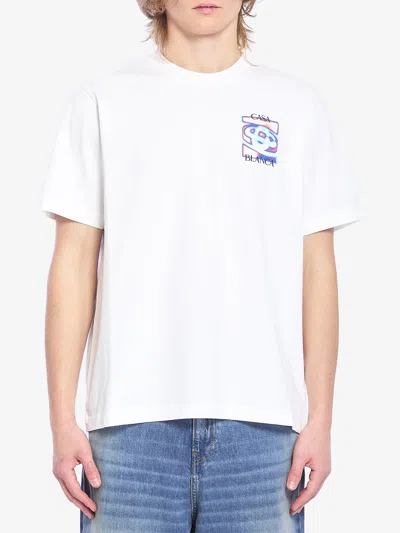 Casablanca Men White Crewneck T-shirt With Logo Detail On The Front And Maxi Logo On The Rear In Cot