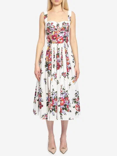 Dolce & Gabbana Cotton Dress With A Bouquet Of Flowers Print Dresses White In White