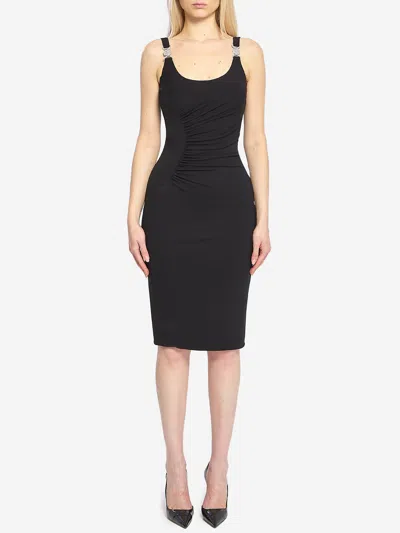 Versace Neutrals Ruched Scoop Neck Viscose Midi Dress In Black