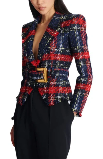 Balmain Belted Plaid Tweed Jacket In Multi