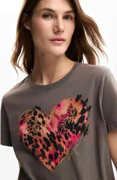 Desigual Heart Cotton Graphic T-shirt In Gray