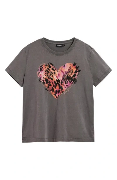 Desigual Heart Cotton Graphic T-shirt In Gray