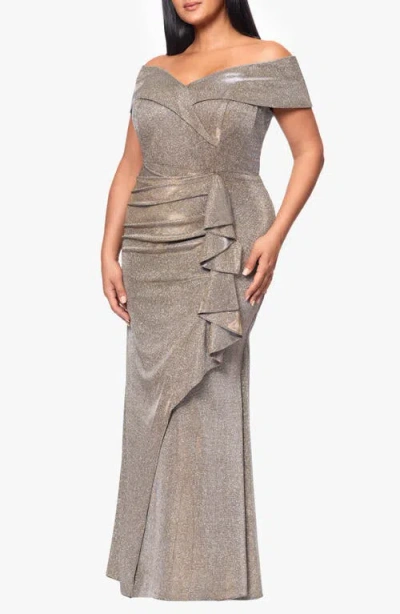 Xscape Evenings Raveena Foil Knit Off The Shoulder Ruched Gown In Gray