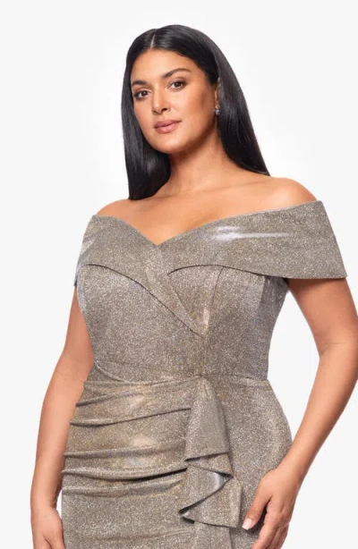 Xscape Evenings Raveena Foil Knit Off The Shoulder Ruched Gown In Gray