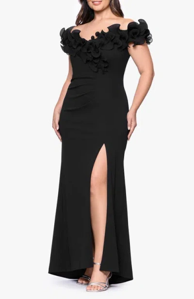 Xscape Evenings Ruffle Scuba Knit Sheath Gown In Black