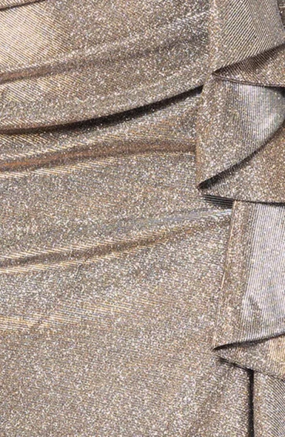Xscape Evenings Raveena Foil Knit Off The Shoulder Ruched Gown In Gray