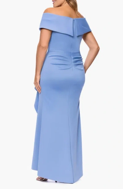 Xscape Evenings Off The Shoulder Ruffle Scuba Knit Gown In Blue