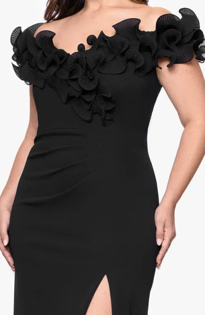 Xscape Evenings Ruffle Scuba Knit Sheath Gown In Black