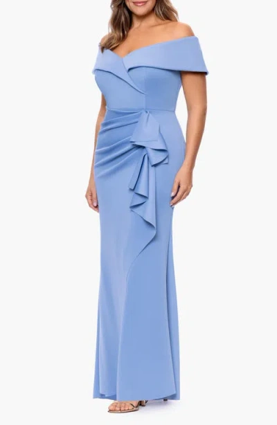 Xscape Evenings Off The Shoulder Ruffle Scuba Knit Gown In Blue