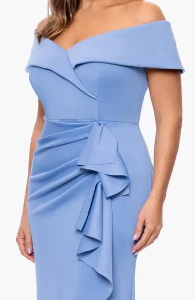 Xscape Evenings Off The Shoulder Ruffle Scuba Knit Gown In Blue