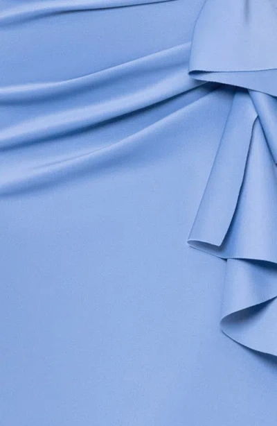 Xscape Evenings Off The Shoulder Ruffle Scuba Knit Gown In Blue
