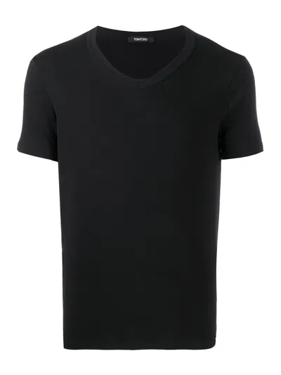 Tom Ford Black Crewneck T-shirt With Logo Embroidery On The Front In Cotton Blend Man In Black