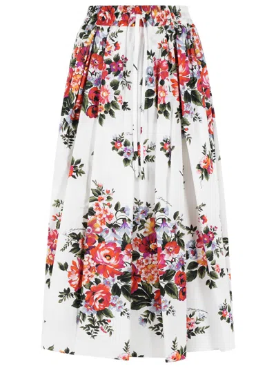 Dolce & Gabbana White Long Skirt With Floral Print And Elasticated Waistband In Cotton Woman In Multi
