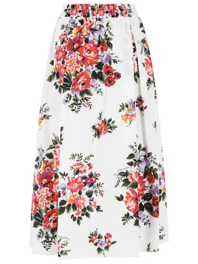 Dolce & Gabbana White Long Skirt With Floral Print And Elasticated Waistband In Cotton Woman In Multi