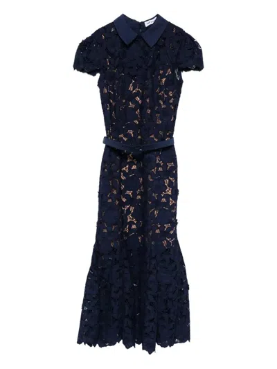 Self-portrait Guipure Blue Long Dress With Lace Design And Adjustable Waist Belt In Fabric Woman