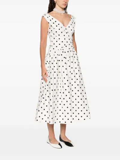 Self-portrait White Dress With All-over Polka Dot And Flared Skirt In Cotton Woman In Orange