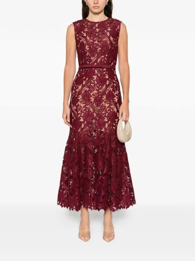 Self-portrait Fitted Guipure Lace Midi Dress With Removable Belt In Red