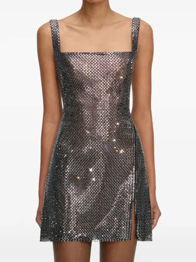 Self-portrait Gunmetal Grey Dress With Thin Straps And All-over Rhinestone Application In Tech Fabric Woman In Gray