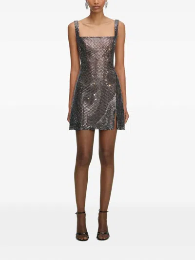 Self-portrait Gunmetal Grey Dress With Thin Straps And All-over Rhinestone Application In Tech Fabric Woman In Gray