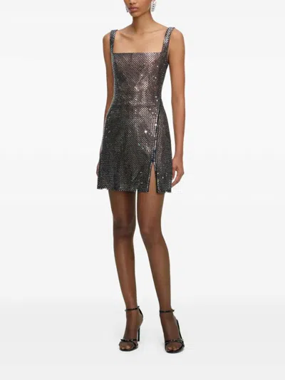 Self-portrait Gunmetal Grey Dress With Thin Straps And All-over Rhinestone Application In Tech Fabric Woman In Gray