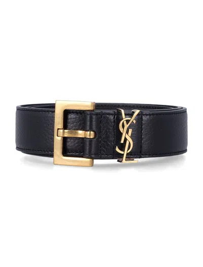 Saint Laurent Cassandre Thin Belt With Square Buckle In Grained Leather In Black