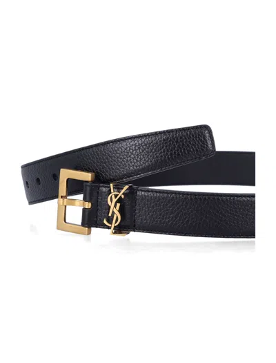 Saint Laurent Cassandre Thin Belt With Square Buckle In Grained Leather In Black
