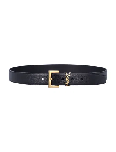 Saint Laurent Cassandre Thin Belt With Square Buckle In Grained Leather In Black