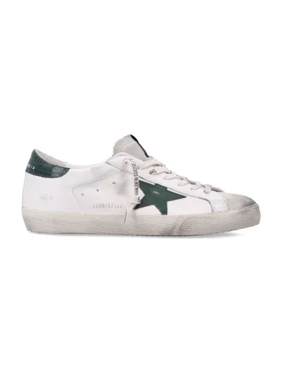 Golden Goose Super-star White Low Top Sneakers With Embossed Logo And Contrasting Heel Tab In Leather Man In Green