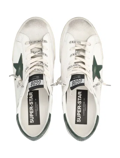 Golden Goose Super-star White Low Top Sneakers With Embossed Logo And Contrasting Heel Tab In Leather Man In Green