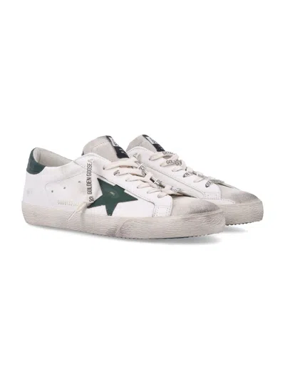 Golden Goose Super-star White Low Top Sneakers With Embossed Logo And Contrasting Heel Tab In Leather Man In Green