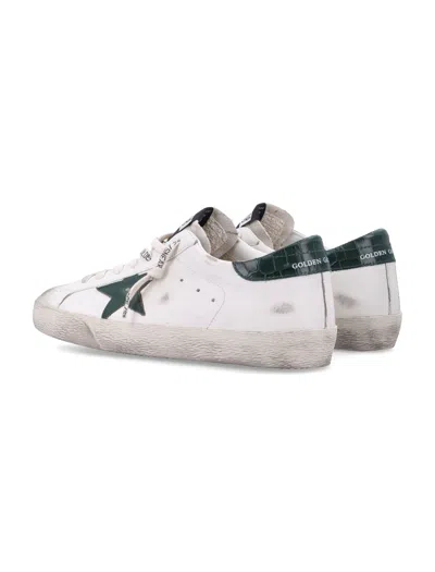 Golden Goose Super-star White Low Top Sneakers With Embossed Logo And Contrasting Heel Tab In Leather Man In Green