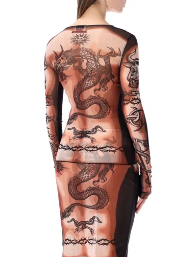 Jean Paul Gaultier Tattoo-inspired Sheer Long-sleeved Top With Bold Motifs In Brown