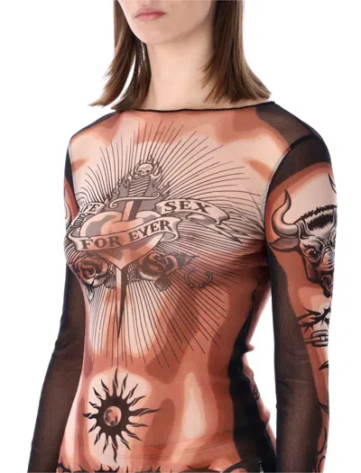 Jean Paul Gaultier Tattoo-inspired Sheer Long-sleeved Top With Bold Motifs In Brown