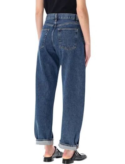 Frame The Bubble Blue Jeans With Structured Leg And Turn-up Hem In Denim Woman In Blue