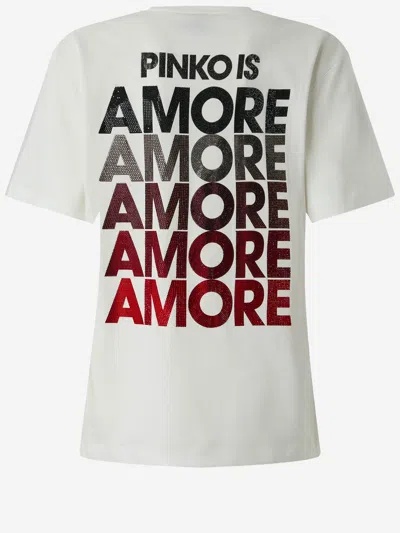 Pinko White Crewneck T-shirt With Logo Detail On The Front And Maxi Print On The Rear In Cotton Woman In Neutral