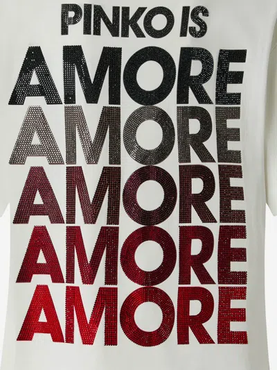 Pinko White Crewneck T-shirt With Logo Detail On The Front And Maxi Print On The Rear In Cotton Woman In Neutral