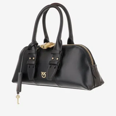 Pinko Bowling Bag Horizontal Black Handbag With Adjustable And Removable Shoulder Strap And Padlock Detail