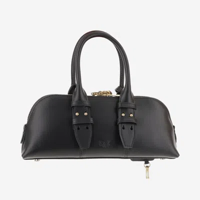 Pinko Bowling Bag Horizontal Black Handbag With Adjustable And Removable Shoulder Strap And Padlock Detail