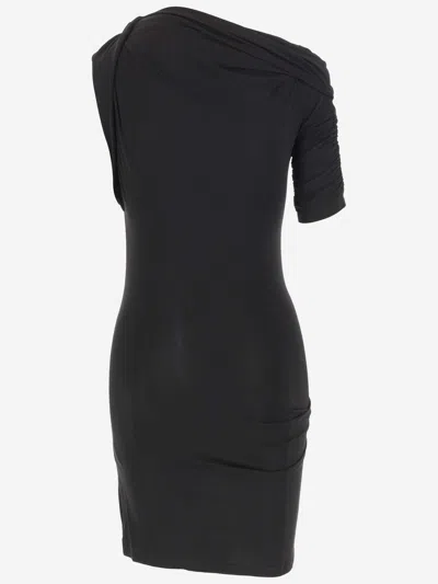 Jacquemus Asymmetrical One-shoulder Bodycon Mini Dress With Ruched Sleeve In Black