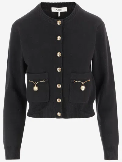Chloé Chloe Embellished-pocket Wool And Cashmere-blend Cardigan In Black
